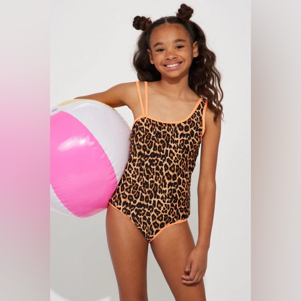 Leopard Print Kids Swimsuit with Orange Accents